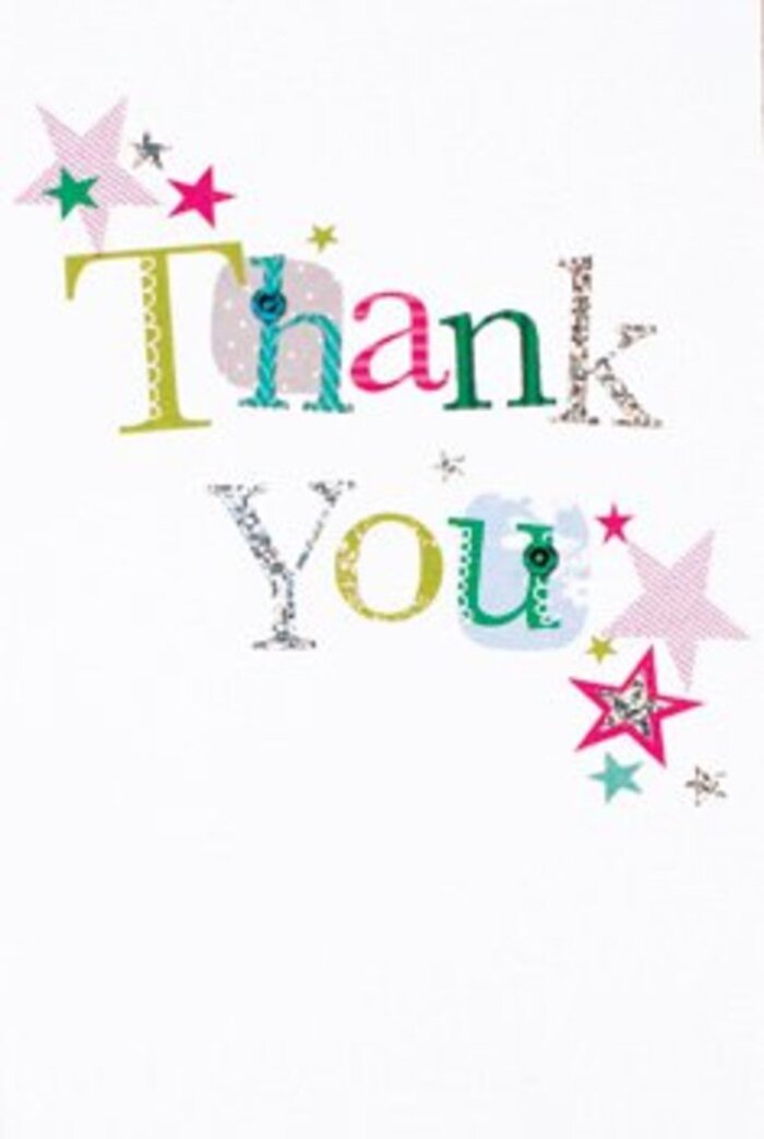 The artful arrangement of letters on this thank you card brings a quietly exuberant presence-one that echoes the gentle sophistication often found along Broxbourne's leafy byways and riverside walks. Each letter seems to capture its own distinct mood: some whimsical, enlivened with playful spots and curving lines; others elegant, nearly musical in the turn of their shapes. Around the central message, clusters of vibrant stars gather-some gleaming with iridescent pink stripes, others shining with deep turquoise or delicate silver, as if bestowing a dose of good cheer much like the laughter heard in Broxbourne's popular eateries. The overall composition is modern and inviting, the clean white background providing breathing space for every flourish and dash of colour. There's a sense of understated refinement, the design walking a line between formal and casual, ensuring it feels universally warm-a card fit to nestle alongside a hand-tied bouquet for any special moment. In its texture and thoughtful design, this card both uplifts and endures, offering gratitude that lingers as sweetly as the fragrance of freshly delivered Broxbourne blooms.